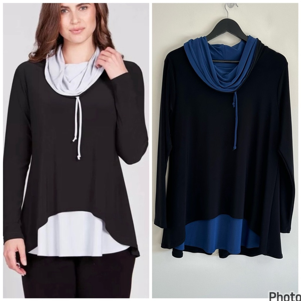 Sympli Matrix Likity Split Top Hoodie Black Blue Size 14 Stretchy Cowl Neck